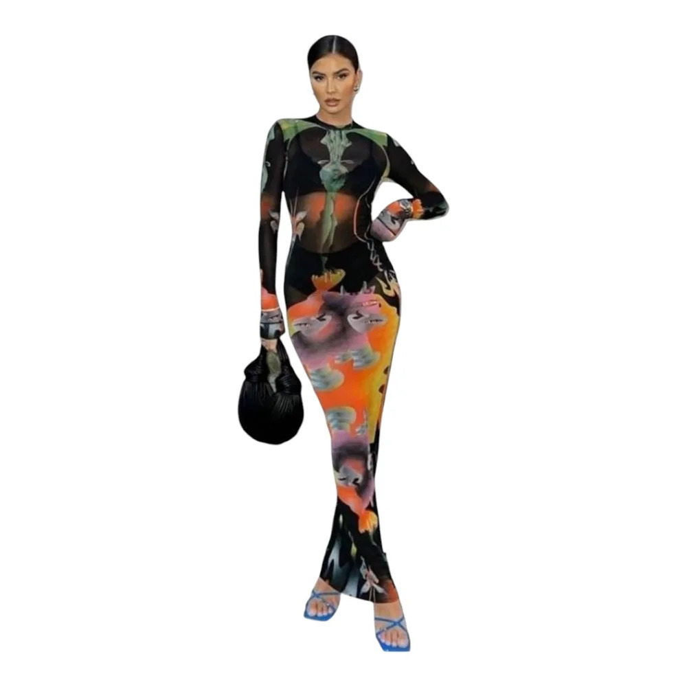 Long Sleeve Black Multicolor Bodycon Maxi Dress
